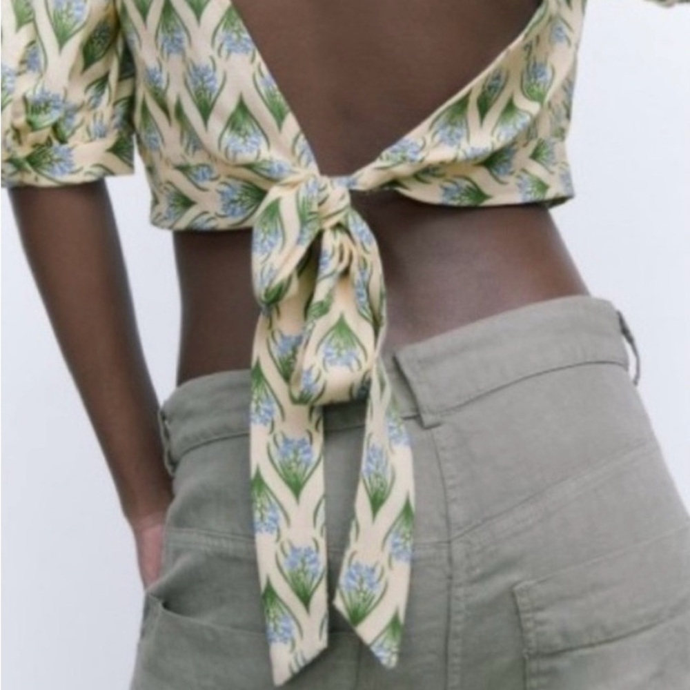 Zara Cream and Green Patterned Crop Top - Picture 3 of 7